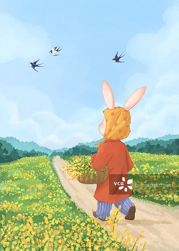 小兔的四季兔年小清新插画三月图片素材