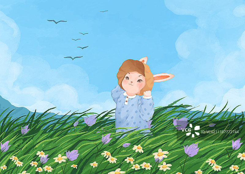 小兔的四季兔年小清新插画横版五月图片素材