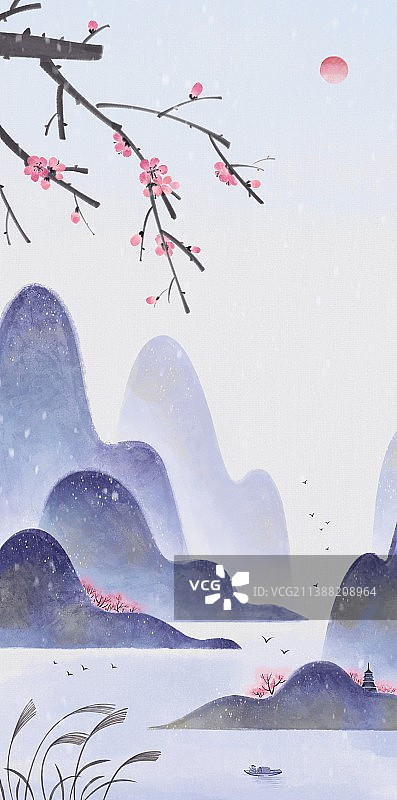 新中式古风水墨写意留白山水梅花雪景图片素材