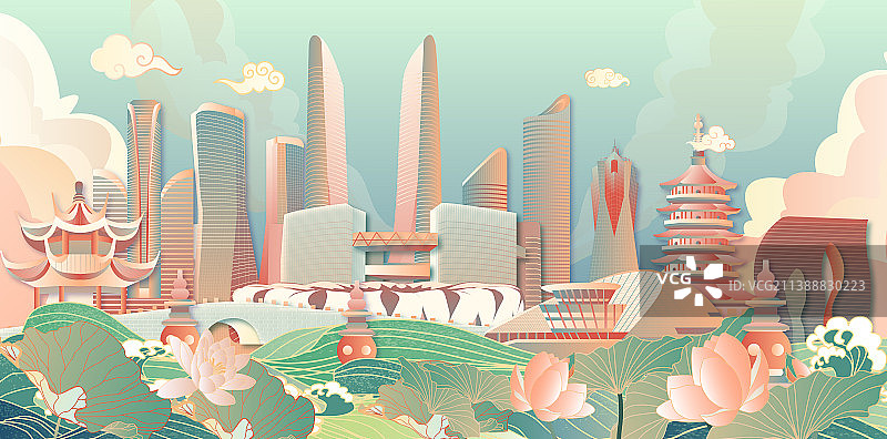 杭州地标建筑荷塘国风矢量节日插画图片素材