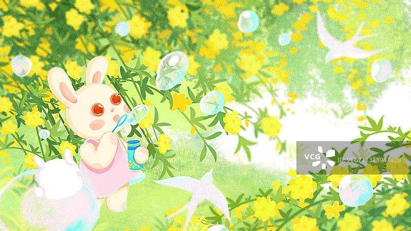 兔年二月迎春花小兔子吹泡泡燕子系列插画图片素材