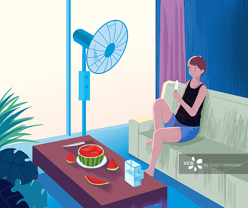 炎热夏天夏季空调房内少年暑假放松吃冰棒消暑纳凉插画图片素材