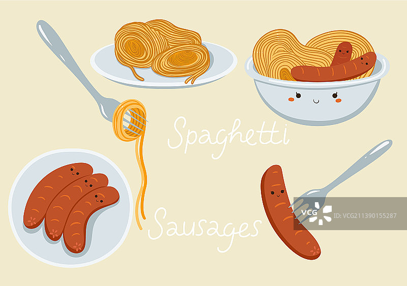 意大利面条和香肠食品设置图形图片素材