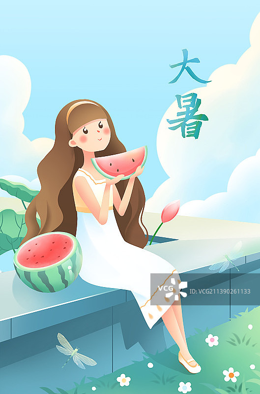 坐在水池边吃西瓜的少女，蓝色扁平卡通大暑节气插画图片素材