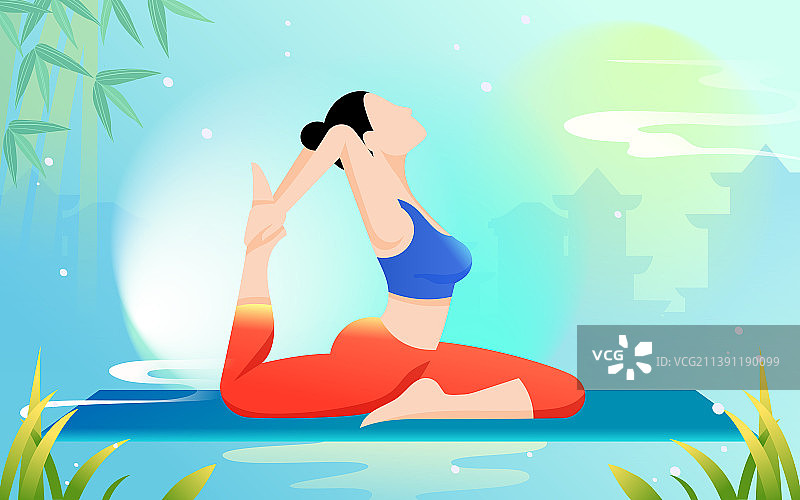 夏天女孩健身减肥瑜伽锻炼教练直播跳操插画图片素材