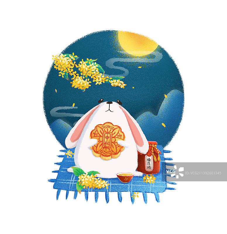 中秋节抱着月饼赏月的兔子插画图片素材