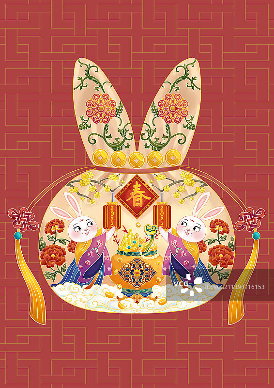 两只玉兔挂灯笼迎接春节图片素材