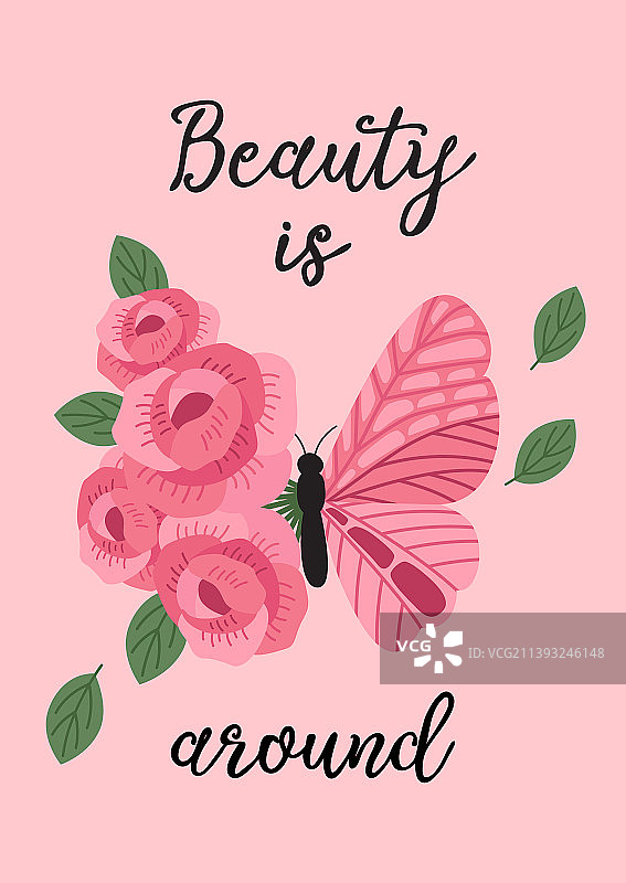 海报上有粉红色的装饰蝴蝶和鲜花图片素材
