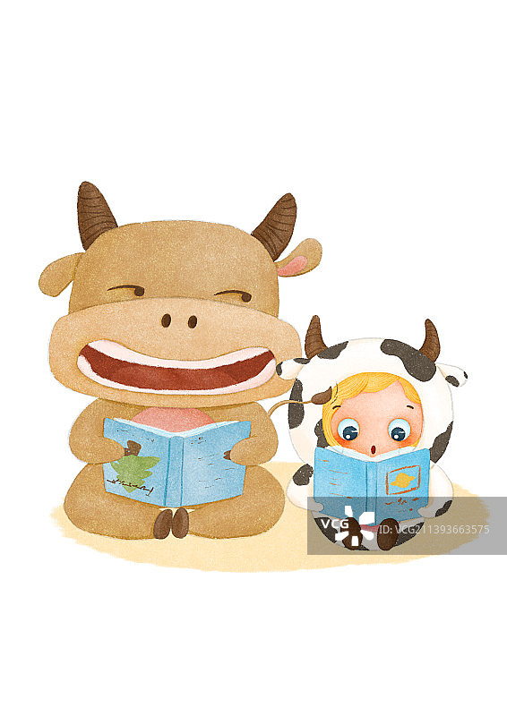 Q版生肖插画故事-我和牛牛一起阅读图片素材