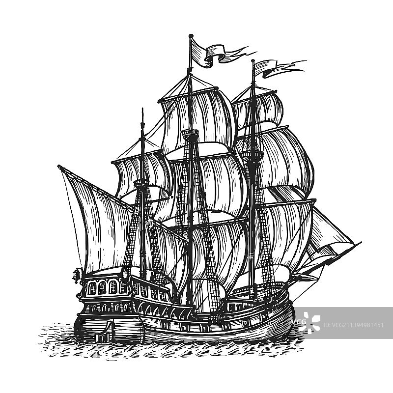手绘复古帆船在海上素描手图片素材