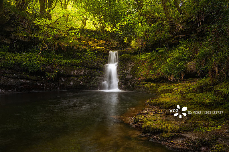 森林瀑布的风景，坎塔布里亚，西班牙图片素材