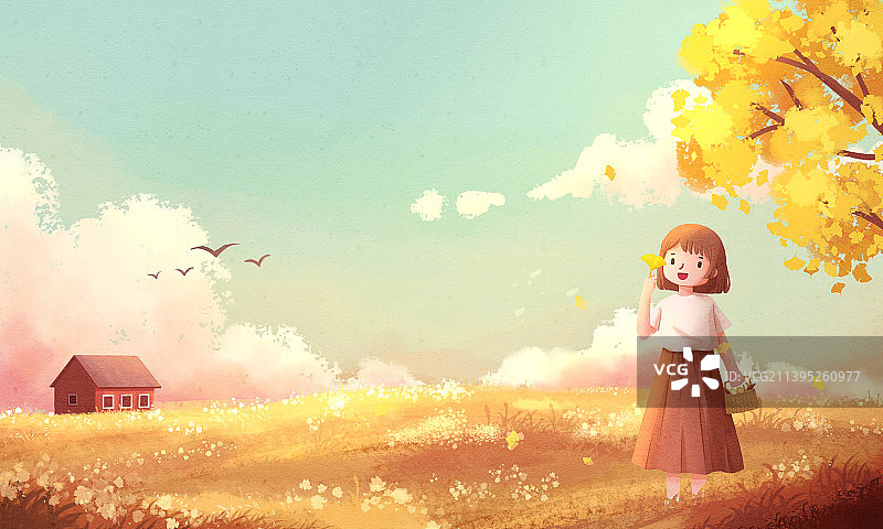 银杏树下的少女秋天风景插画图片素材