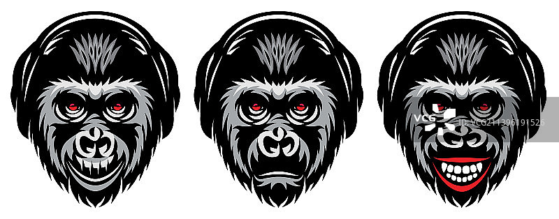 三只猴子戴着彩色耳机图片素材