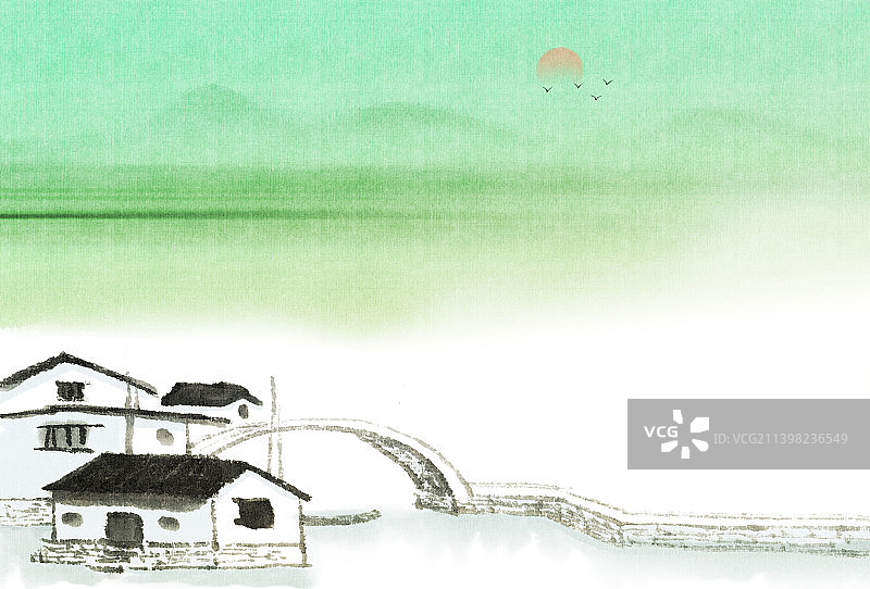 初春的清晨新中式风格江南水乡山水风景插画图片素材