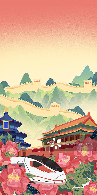 盛世中国国庆节日长城天安门天坛高铁飞机牡丹丝带图片素材