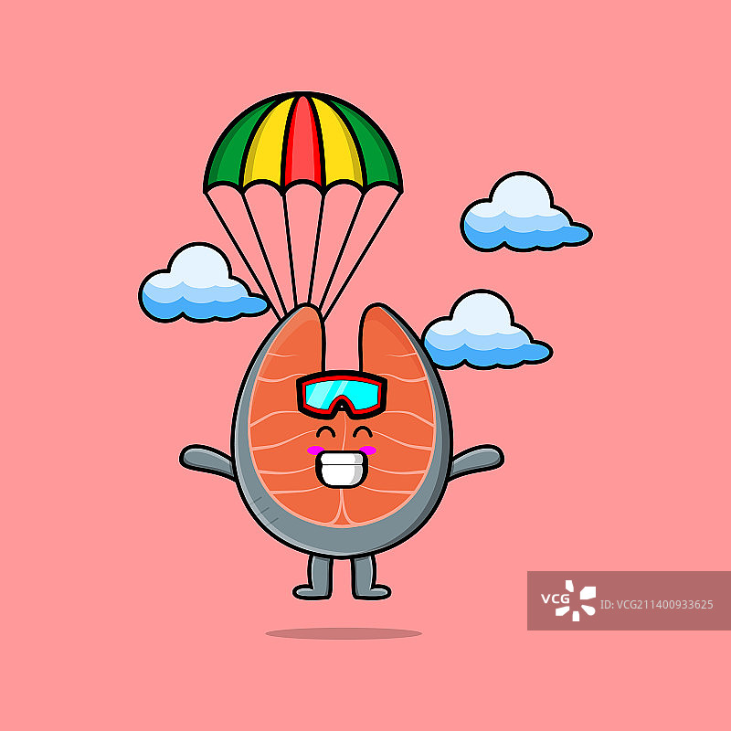 可爱的卡通新鲜鲑鱼跳伞与降落伞图片素材