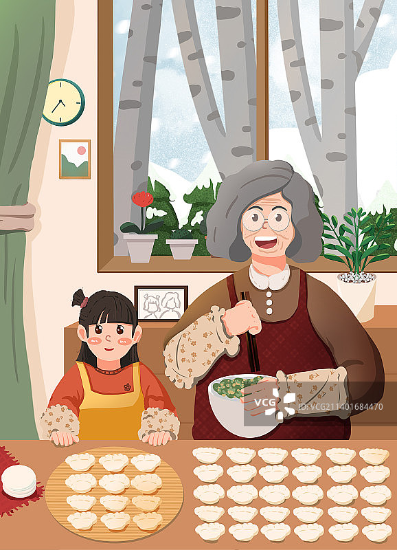 卡通手绘立冬的的时候跟着奶奶学包饺子插画图片素材