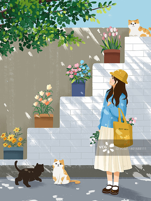 清新文艺插画洒满阳光的午后一个女孩和猫咪图片素材