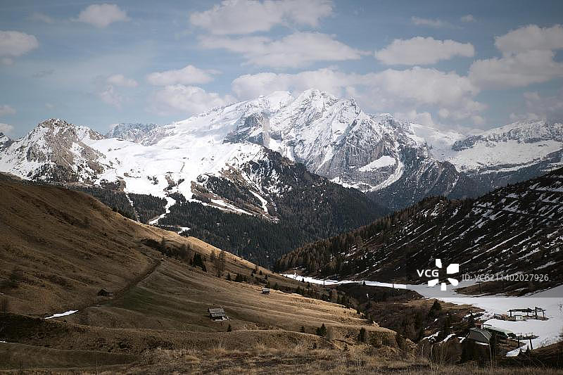 阿尔卑斯山的景色，Selva di Val Gardena，意大利，欧洲图片素材