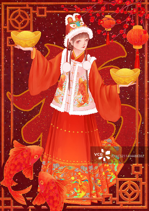 传统节日新年春节古风少女手拿金元宝图片素材