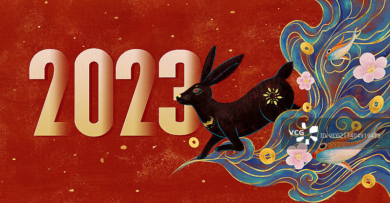 2023兔年除夕新年新中式插画海报图片素材