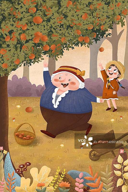 秋日采果子的老人和小女孩插画图片素材