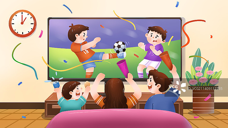 一家人看世界杯开心欢呼插画图片素材