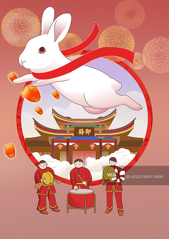 中国风新中式国潮风2023年新年新春春节过年兔年兔子庆祝插画图片素材