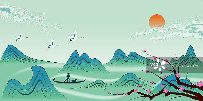 新中式国潮创意水墨山水矢量画图片素材