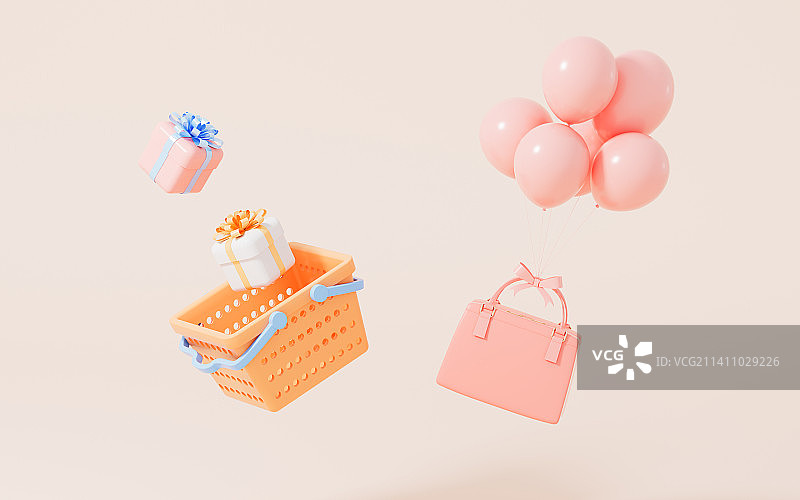 购物篮与礼物主题3D渲染图片素材