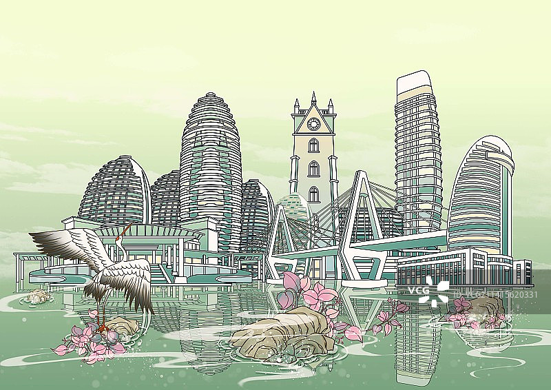 三亚城市地标建筑国风插画图片素材