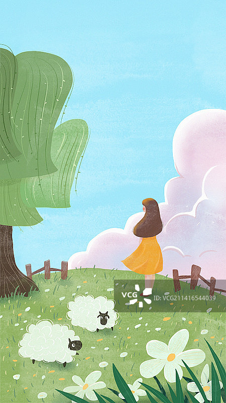 春季节气春天清明节日女孩和羊自然风光插画图片素材