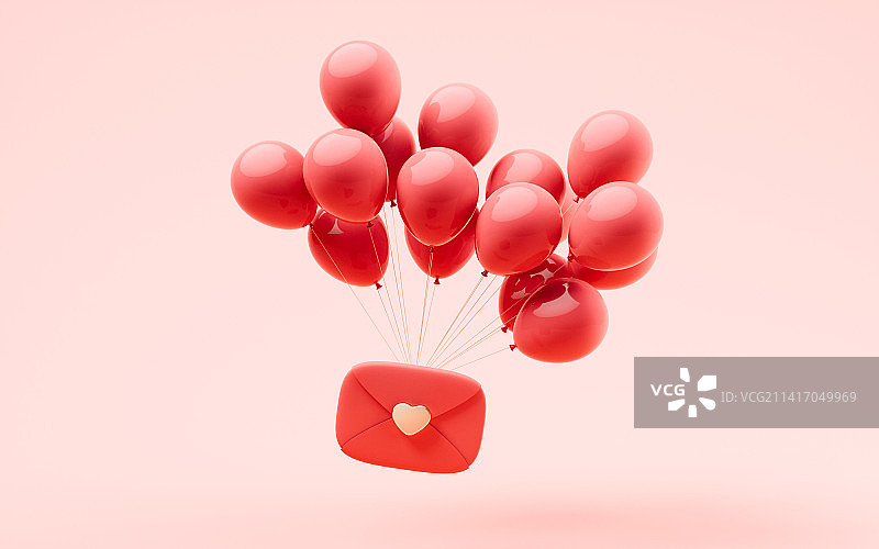 红色信封与爱心3D渲染图片素材