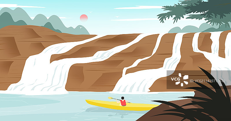 著名景点划船探险旅游瀑布风景插画图片素材