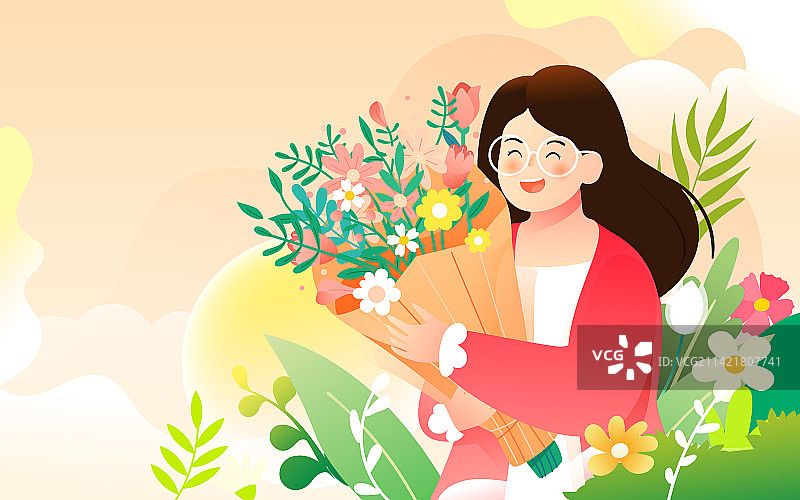 三八妇女节女生收鲜花礼物文艺清新活动插画图片素材