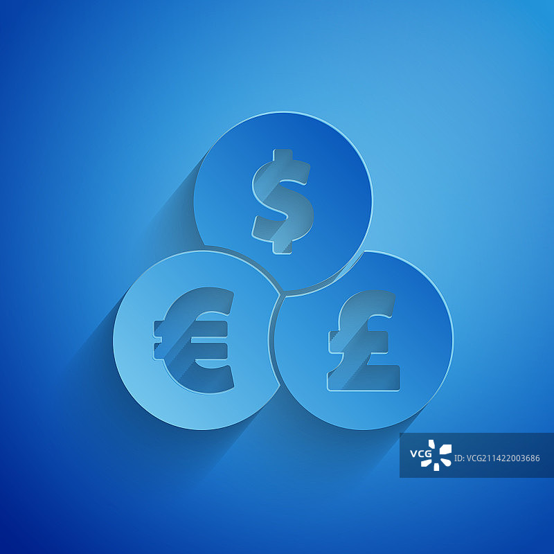 剪纸货币兑换图标孤立在蓝色图片素材