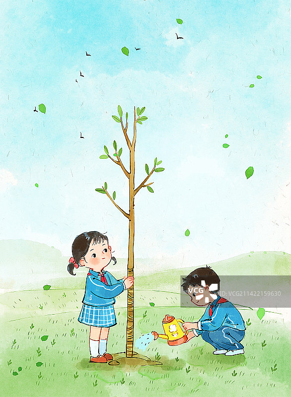 两个小学生种树插画图片素材