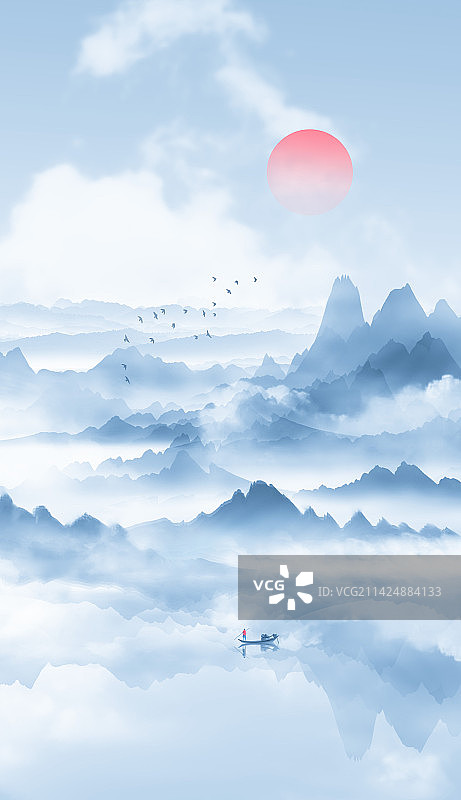 中国风蓝色竖版水墨山水画图片素材
