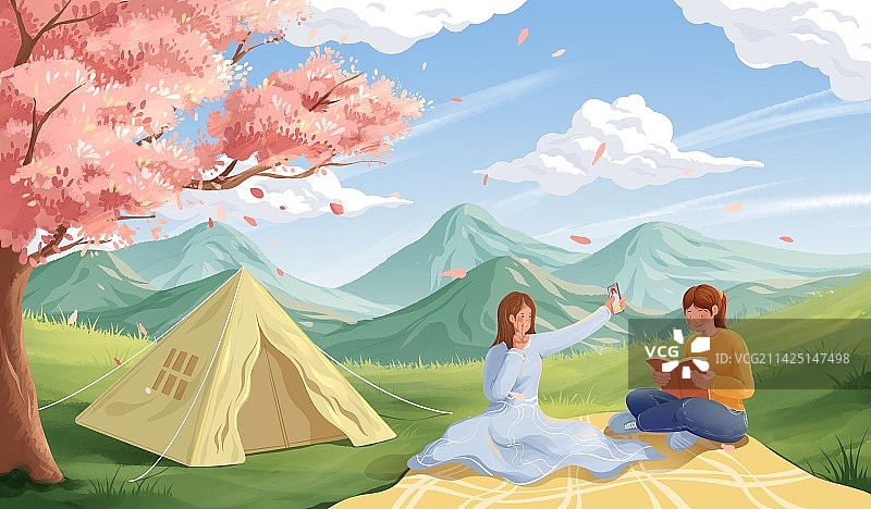 春天樱花树下休闲露营插画图片素材