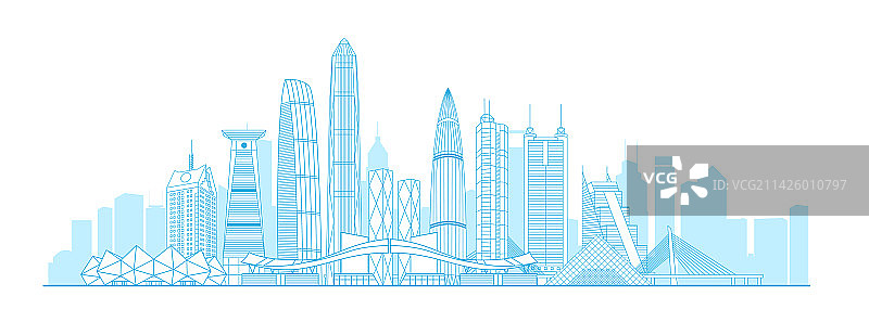 深圳城市地标建筑蓝色线稿矢量插画图片素材