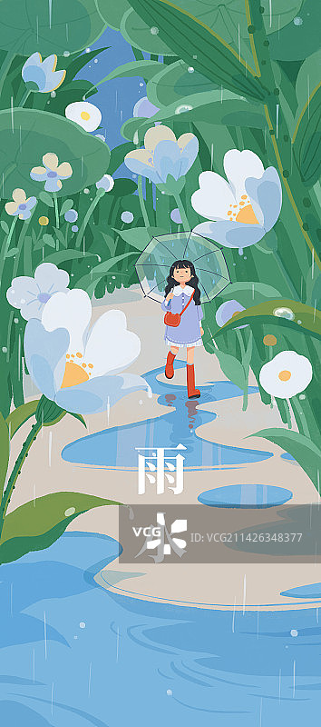雨天红雨靴女孩撑伞走在大朵的植物下面图片素材
