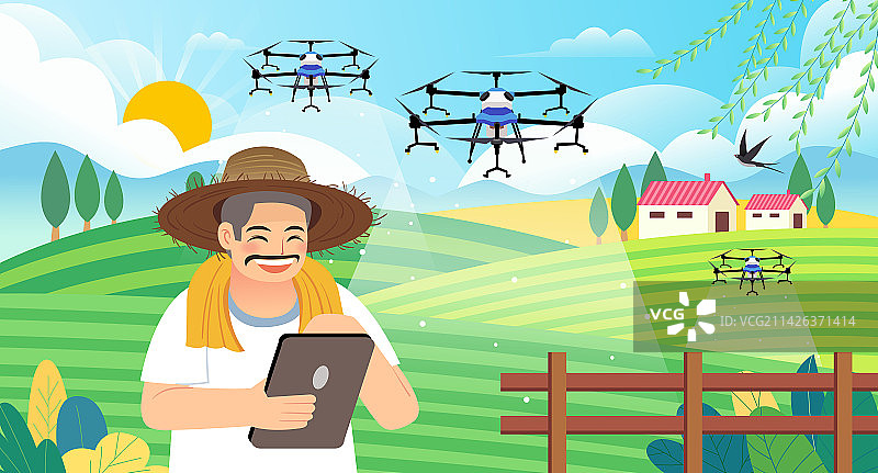 春天夏天新农村农业科技户外无人机浇水场景矢量插画图片素材