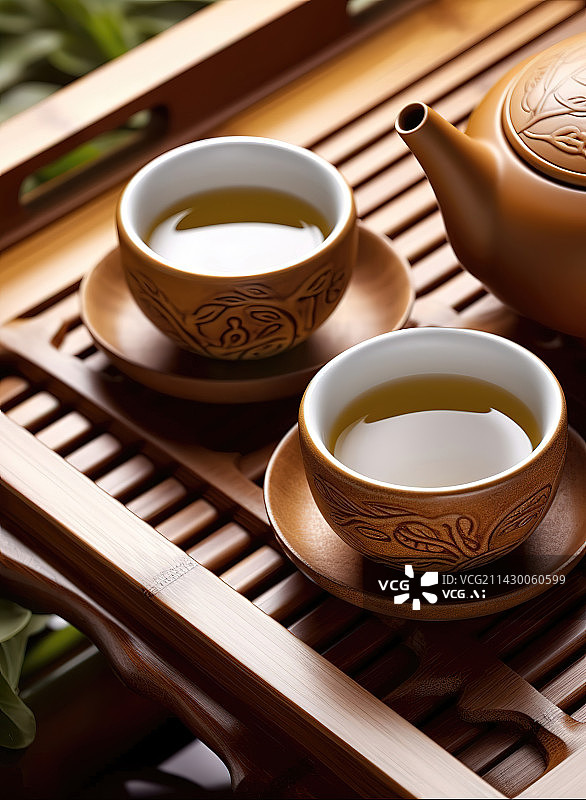 【AI数字艺术】木质茶具上摆放着茶杯图片素材