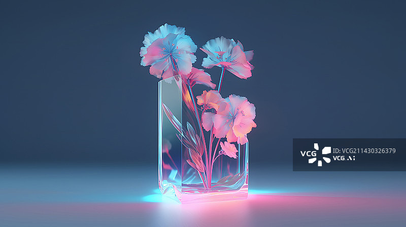 【AI数字艺术】玻璃琉璃质感的花在发光图片素材