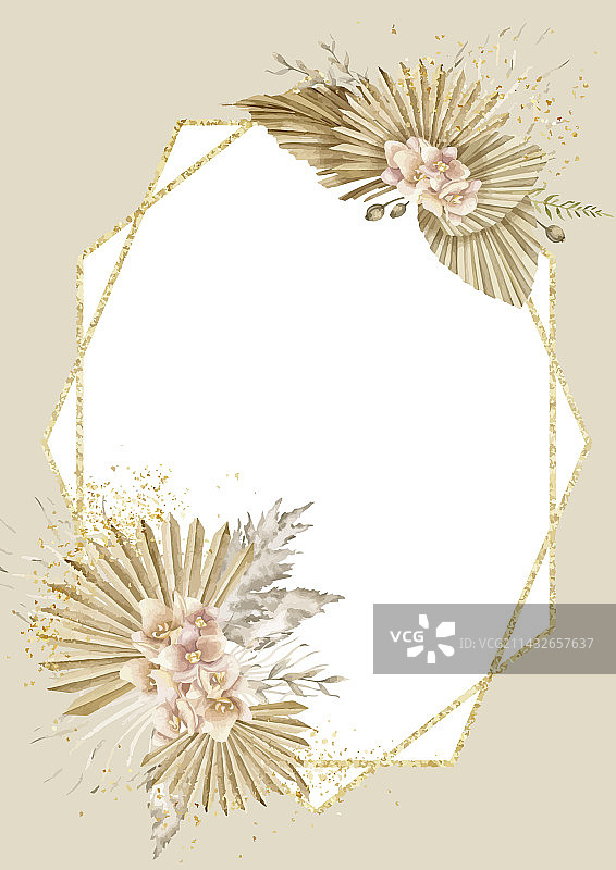 水彩花卉垂直框架与干棕榈图片素材