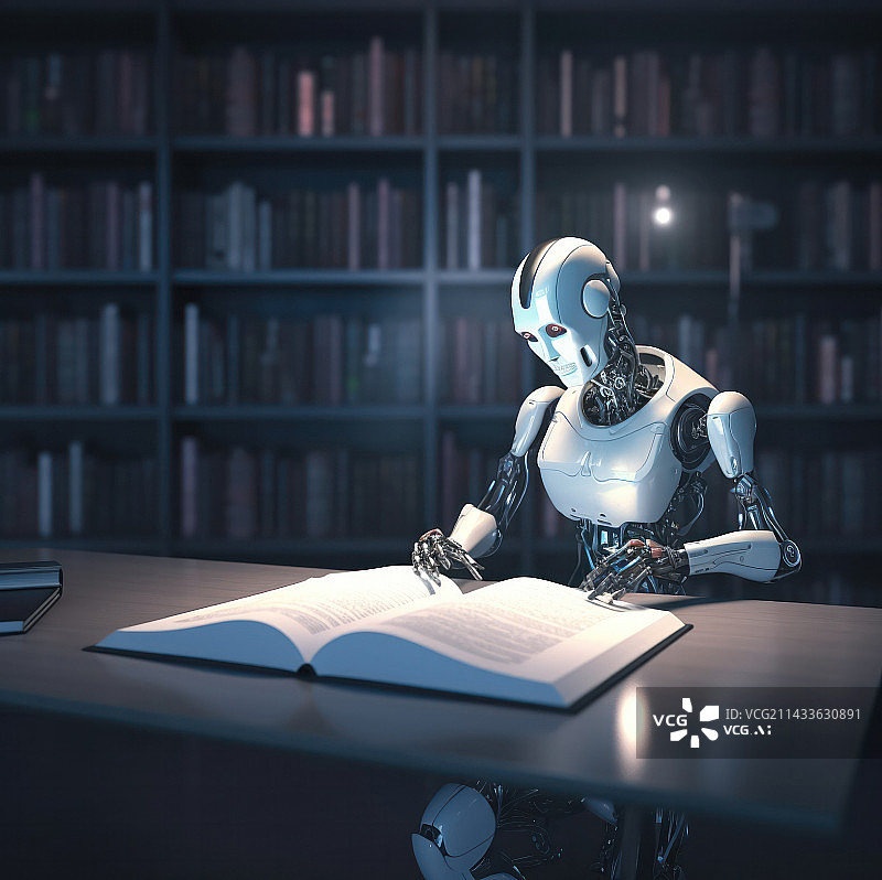 【AI数字艺术】正在看书学习的机器人图片素材