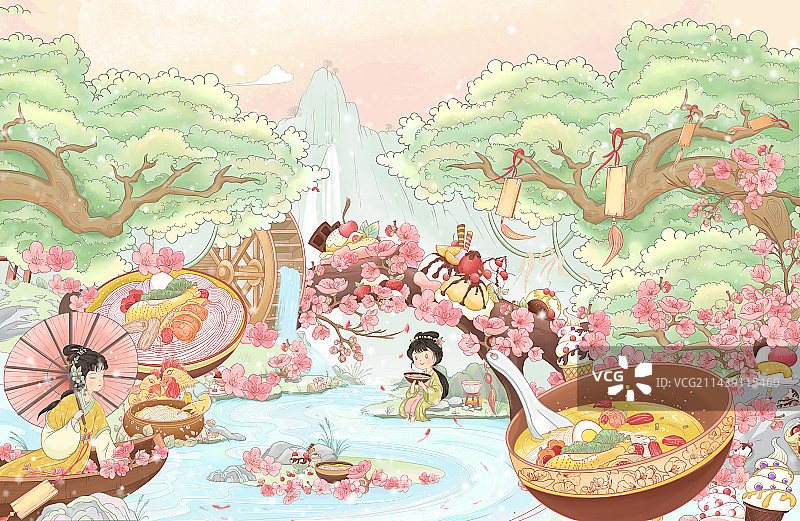 女孩森林品尝美食中国风治愈插画图片素材