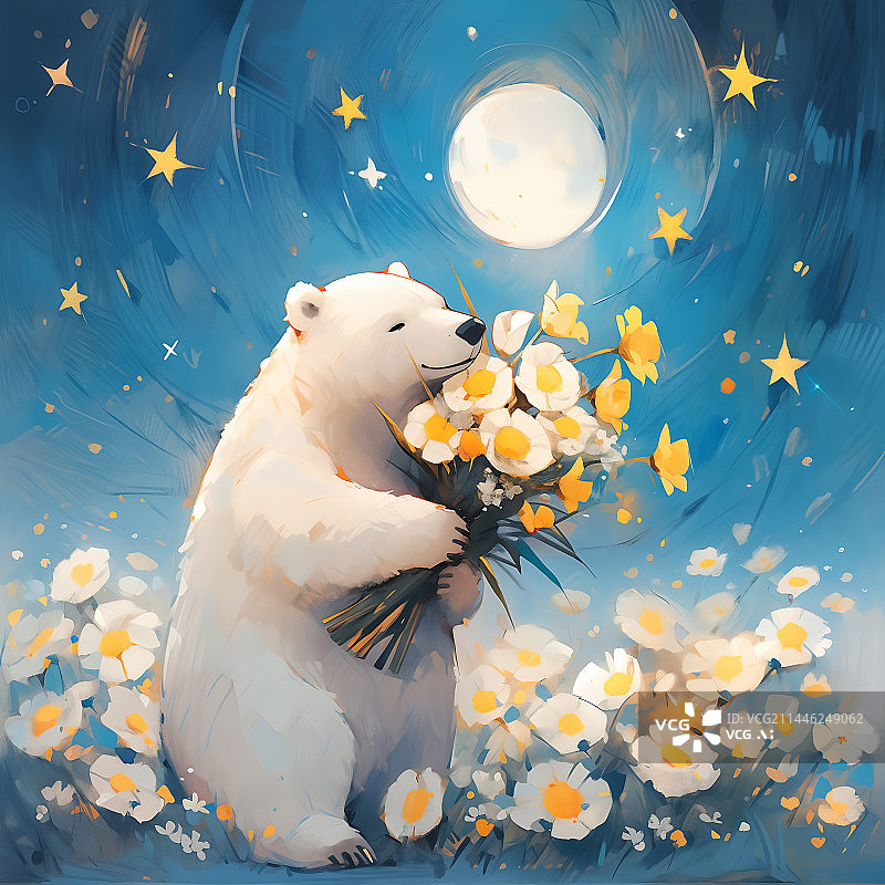 【AI数字艺术】星空下花丛中抱着花的北极熊治愈插画图片素材
