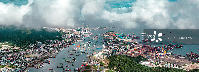 舟山小干大桥和海港、码头、船厂、船舶航拍图片素材