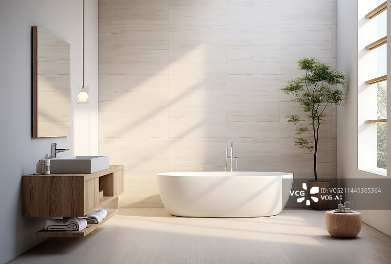【AI数字艺术】带浴缸和植物的白色浴室内部,房间里放着白色浴缸图片素材